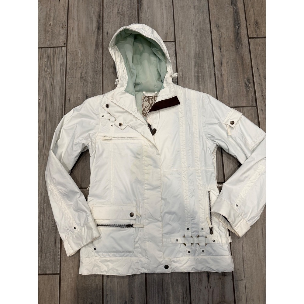 Vintage Roxy Womens White Hooded Ski Jacket Utility Pockets Shimmer Finish Large